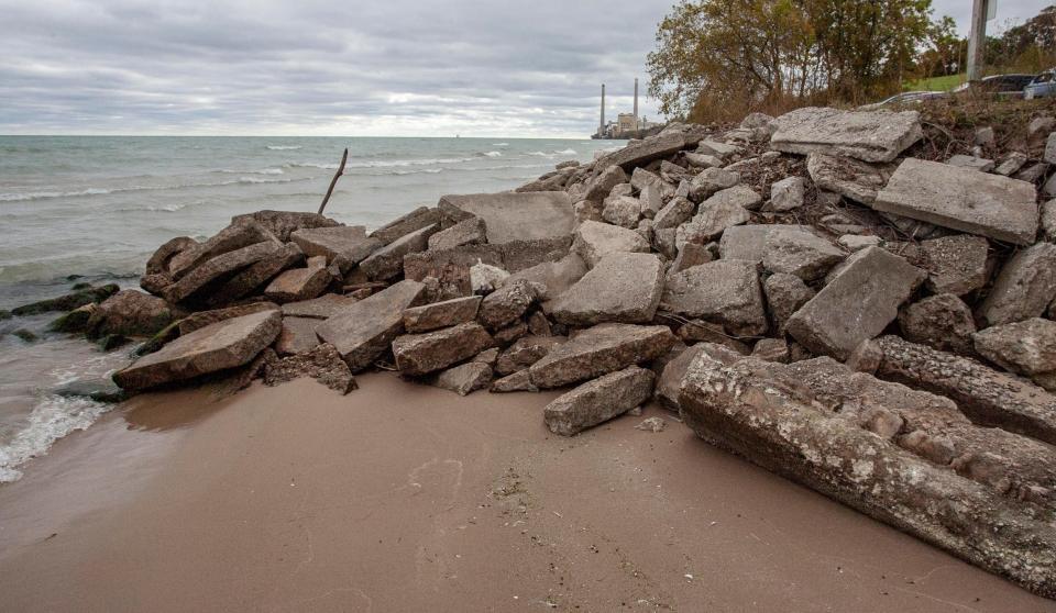 Concrete rubble is piled to prevent erosion near King Park, Wednesday, October 27, 2021, in Sheboygan, Wis.