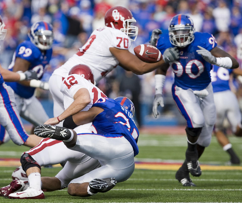 Oklahoma&nbsp;offensive lineman Cory Brandon (No. 70) in a 2009 game against Kansas. (Photo: Kansas City Star via Getty Images)