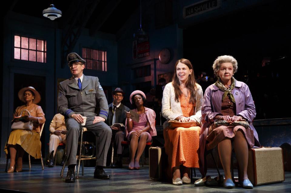 This image released by Polk & Co. shows Sutton Foster, second right, and Annie Golden, right, during a performance of "Violet" in New York. (AP Photo/Polk & Co., Joan Marcus)