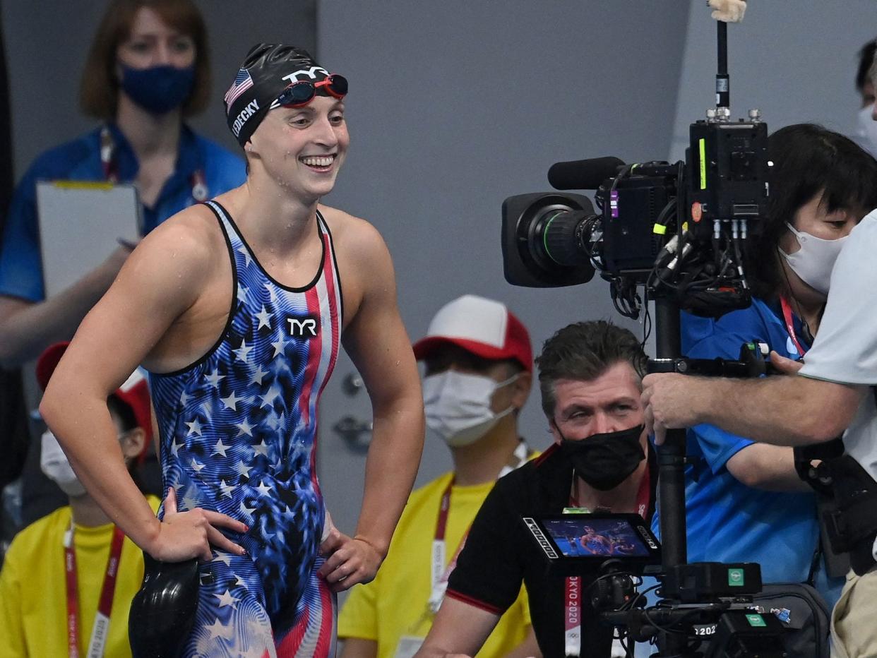 Katie Ledecky is interviewed after winning gold at Tokyo 2020.