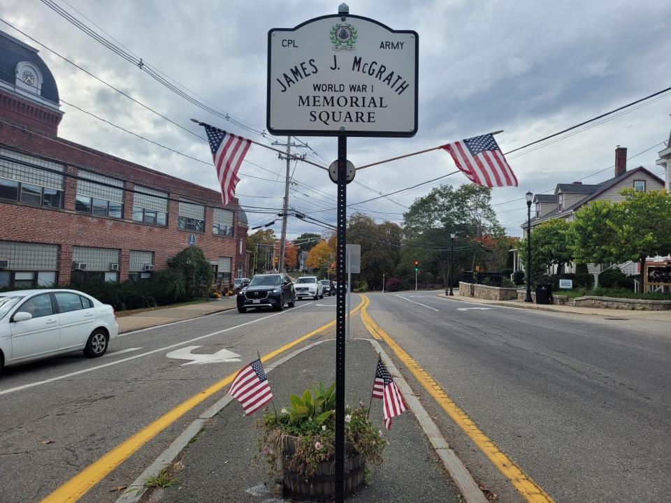 The James J. McGrath Square, at the intersection of Central, Concord and Elm streets in Framingham. The square is named for a Saxonville resident who was killed during World War I.