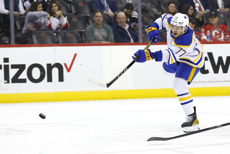 Buffalo Sabres right wing JJ Peterka shoots, scoring a goal against the New Jersey Devils during the first period of an NHL hockey game Friday, Oct. 27, 2023, in Newark, N.J. (AP Photo/Noah K. Murray)