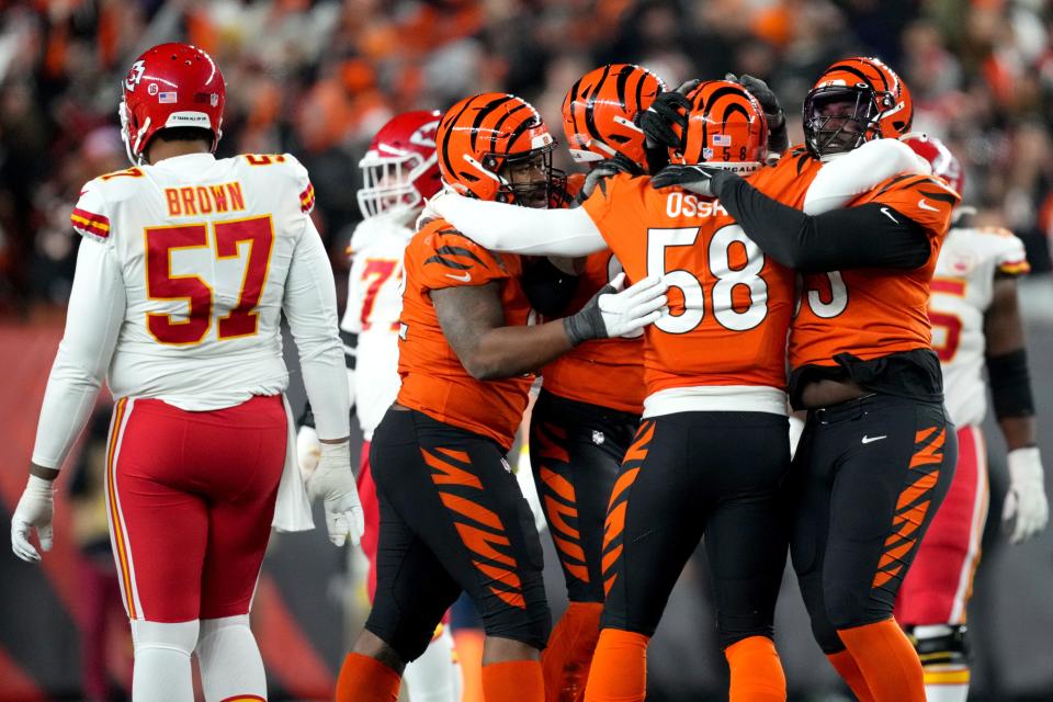 Sam Hubbard, here in a scrum celebrating against the Kansas City Chiefs last week, says the 32-13 loss to the Browns on Halloween night made the Bengals take a look at themselves.