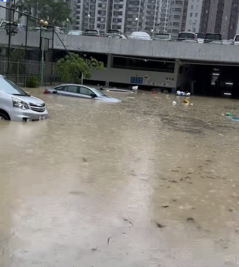 大圍海福花園停車場水浸，部分車輛幾乎整架被淹沒。   （facebook 圖片）