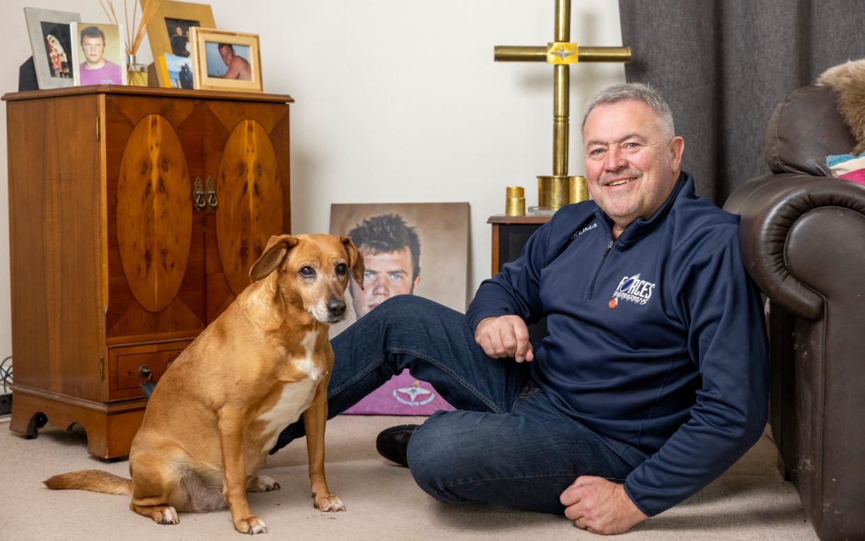 Daily Telegraph DT News Tony Lewis, father of Conrad Lewis who died serving with 3 Para in Helmand in February 2011. Tony is pictured with Peg (short for Pegasus) - Heathcliff O'Malley 