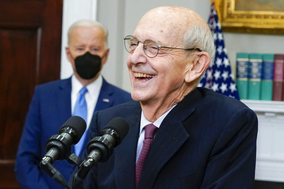 President Joe Biden listens as Supreme Court Associate Justice Stephen Breyer announces his retirement in the Roosevelt Room of the White House in Washington on Thursday. (AP Photo/Andrew Harnik)