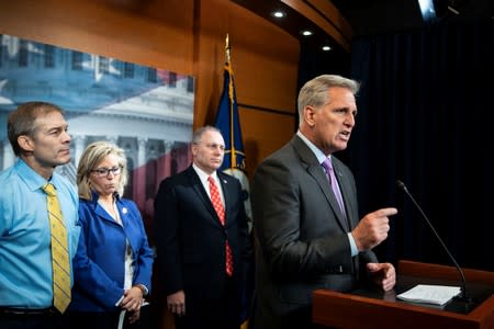 House Republican Leader Kevin McCarthy (R-CA) speaks during a weekly news conference at the U.S. Capitol in Washington