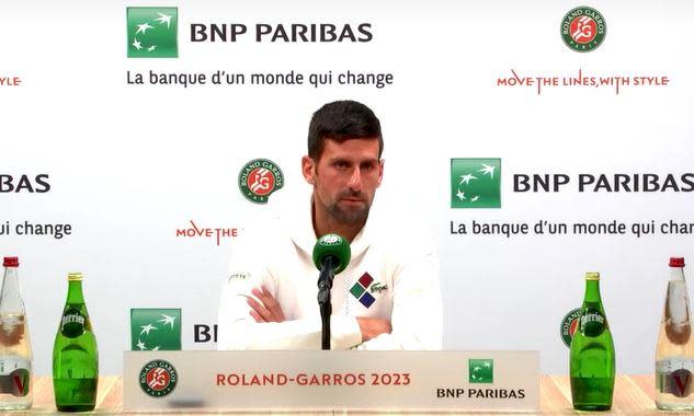 Tennis star Novak Djokovic speaks to reporters about Kosovo after his Round 1 match at the French Open in Paris, May 29, 2023. / Credit: FFT/Reuters