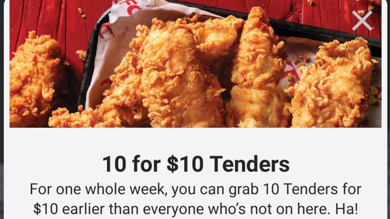 Screenshot showing the 10 for $10 KFC tenders deal within the KFC Australia app.