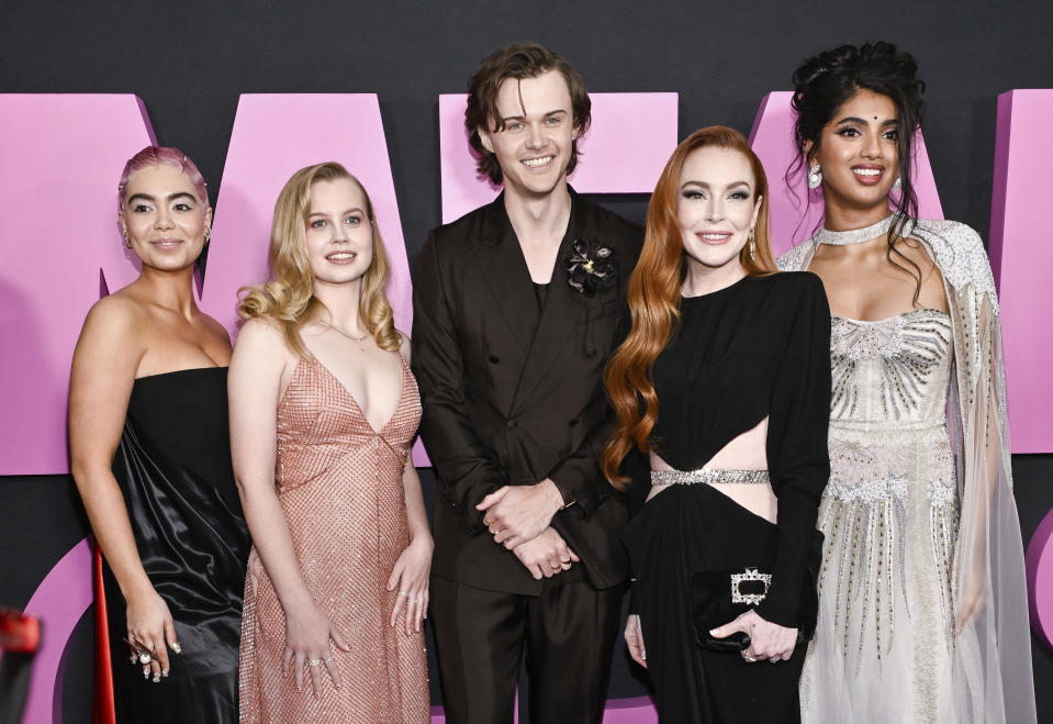 From left, Auli'i Cravalho, Angourie Rice, Christopher Briney, Lindsay Lohan and Avantika attend the world premiere of "Mean Girls" at AMC Lincoln Square on Monday, Jan. 8, 2024, in New York. (Photo by Evan Agostini/Invision/AP)