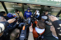 Los Angeles Dodgers manager Dave Roberts speaks to the media before a baseball game against the Chicago Cubs, Saturday, April 6, 2024, in Chicago. (AP Photo/Paul Beaty)