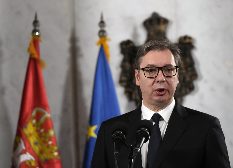 Serbian President Aleksandar Vucic speaks during a press conference after meeting with European Union envoy Miroslav Lajcak, in Belgrade, Serbia, Friday, Jan. 20, 2023. Western envoys on Friday were visiting Kosovo and Serbia as part of their ongoing efforts to defuse tensions and help secure a reconciliation agreement between the two. (AP Photo/Darko Vojinovic)