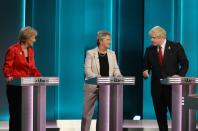 This picture shows (L-R) Conservative Party politician Andrea Leadsom, Labour Party politician Gisela Stuart and Former Mayor of London and Conservative Party politician Boris Johnson talking during The ITV Referendum Debate in London on June 9, 2016