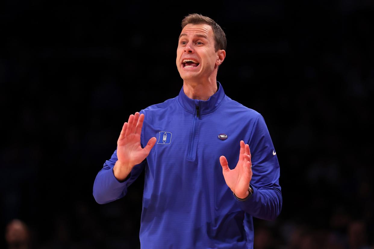 Mar 24, 2024; Brooklyn, NY, USA; Duke Blue Devils head coach Jon Scheyer reacts against the James Madison Dukes in the second round of the 2024 NCAA Tournament at Barclays Center.