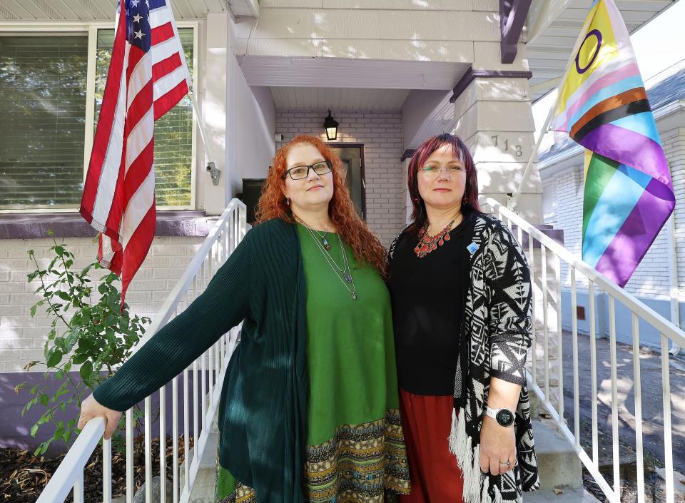 Jana Fulmer and Martha Burkett Fallis, co-founders and co-directors of My Auntie’s House, stand on the porch in Salt Lake City on Tuesday, Oct. 10, 2023. My Auntie’s House is a first-of-its-kind halfway house for domestic violence abusers. | Jeffrey D. Allred, Deseret News