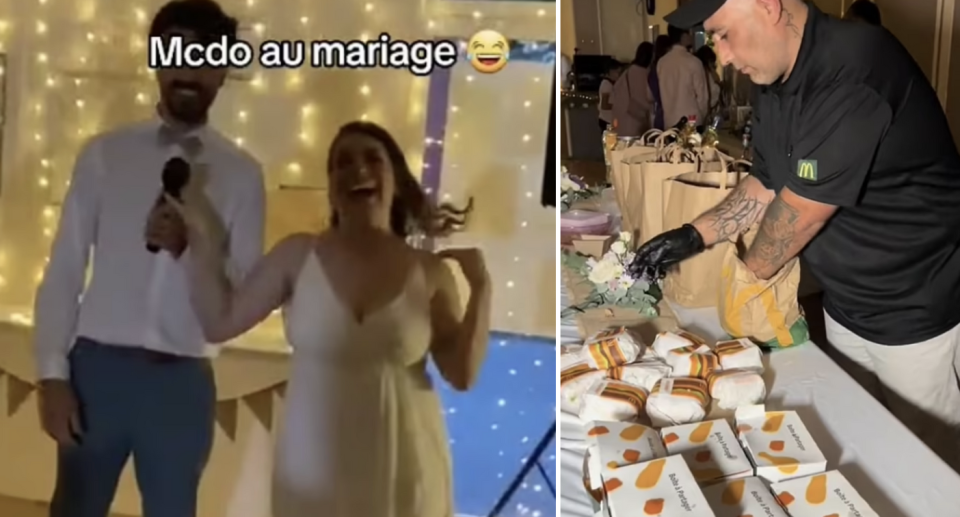 Bride and groom serving McDonald's  at their wedding