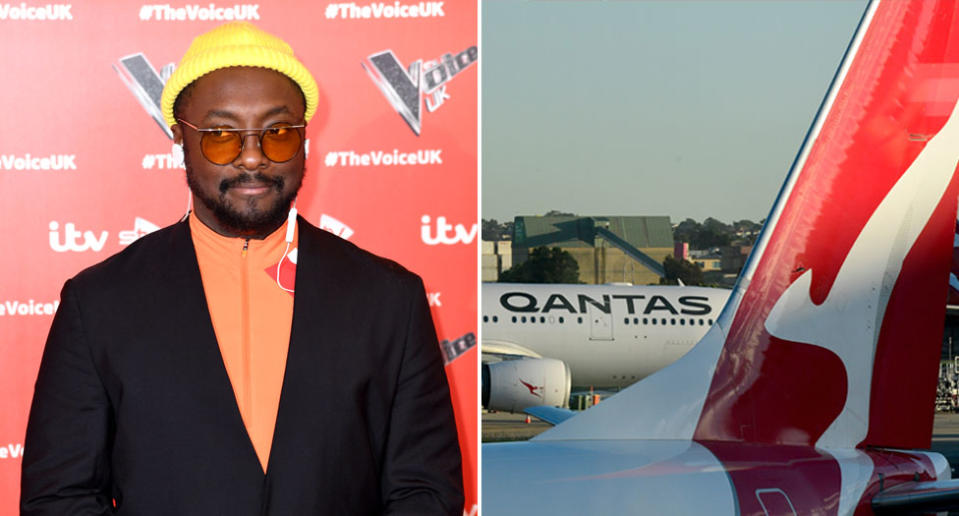 Black Eyed Peas star will.i.am (left) accused a Qantas flight attendant of racism. Pictured right is a stock image of Qantas planes.