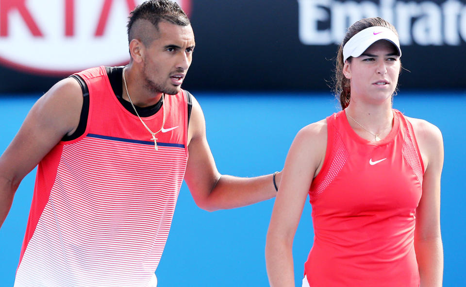 Nick Kyrgios and Ajla Tomljanovic, pictured here playing mixed doubles together at the Australian Open in 2016.