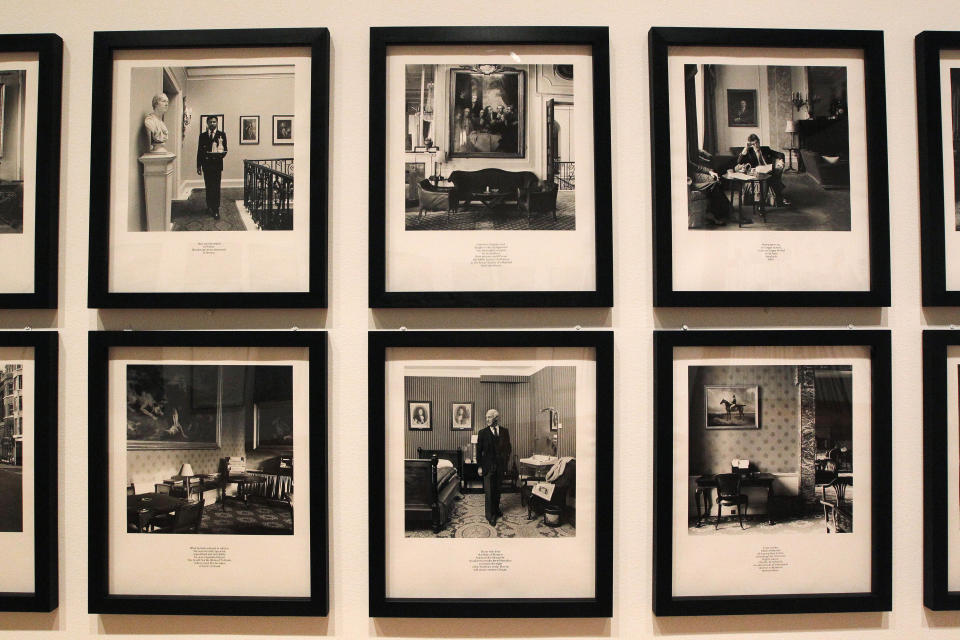 In this photo taken Tuesday, Oct. 9, 2012, gelatin silver prints by Karen Knorr (untitled, from the series Gentlemen, 1981-83), as seen as part of one of two new exhibits featuring art exclusively by women at the Seattle Art Museum, in Seattle. Included in the exhibition is the only U.S. stop for an exhibit from the Pompidou Center in Paris, home of the modern art museum there, of painting, sculpture, drawing, photography and video. The exhibit runs through Jan. 13, 2013. (AP Photo/Elaine Thompson)