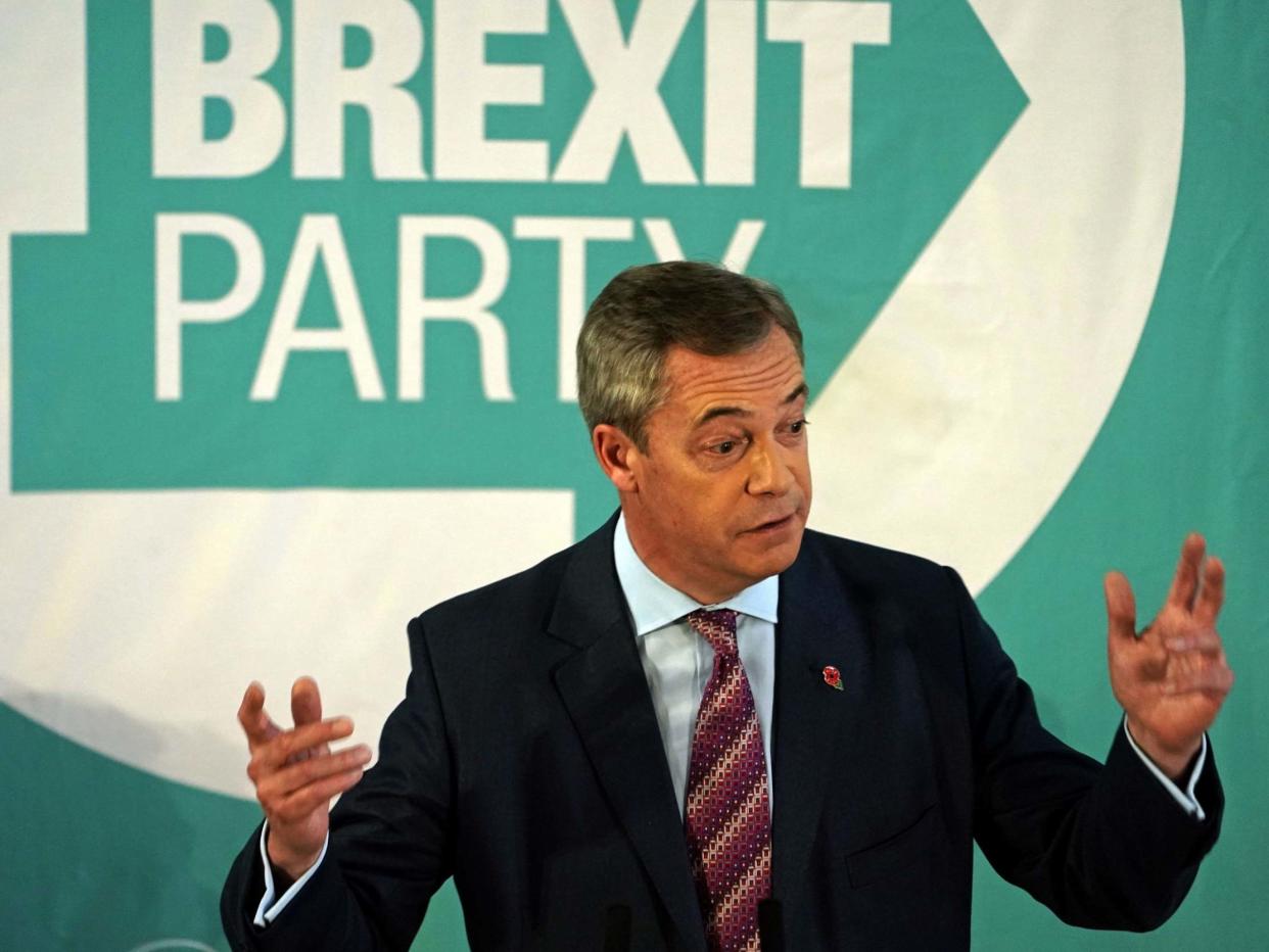 The Brexit Party leader speaking at the Best Western Grand Hotel in Hartlepool on Monday: PA