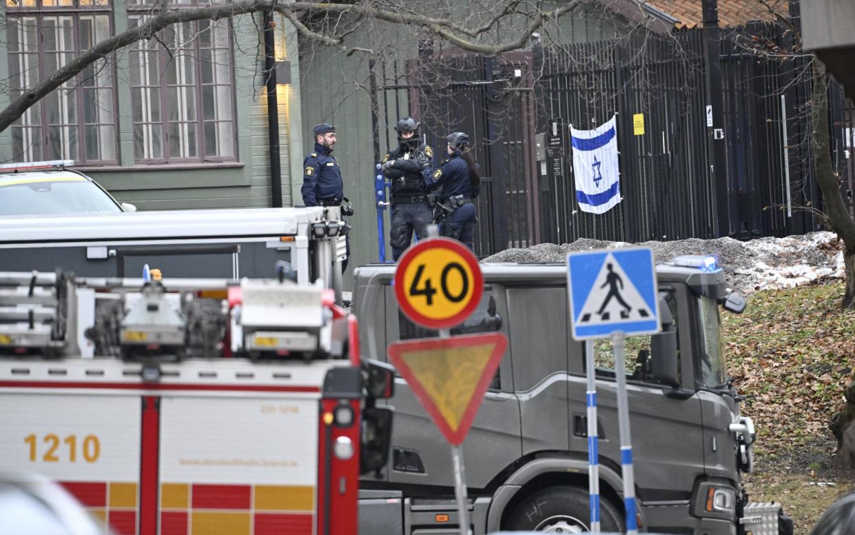 Police outside the Israeli embassy in Stockholm