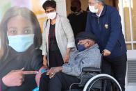 Archbishop Desmond Tutu leaves after receiving his coronavirus (COVID-19) vaccination in Cape Town