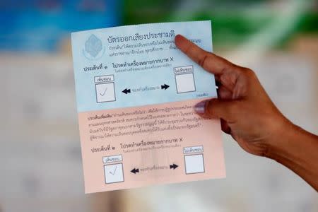 An election commission official displays a ballot paper to the media while counting votes during a constitutional referendum vote at a polling station in Bangkok, Thailand, August 7, 2016. REUTERS/Chaiwat Subprasom