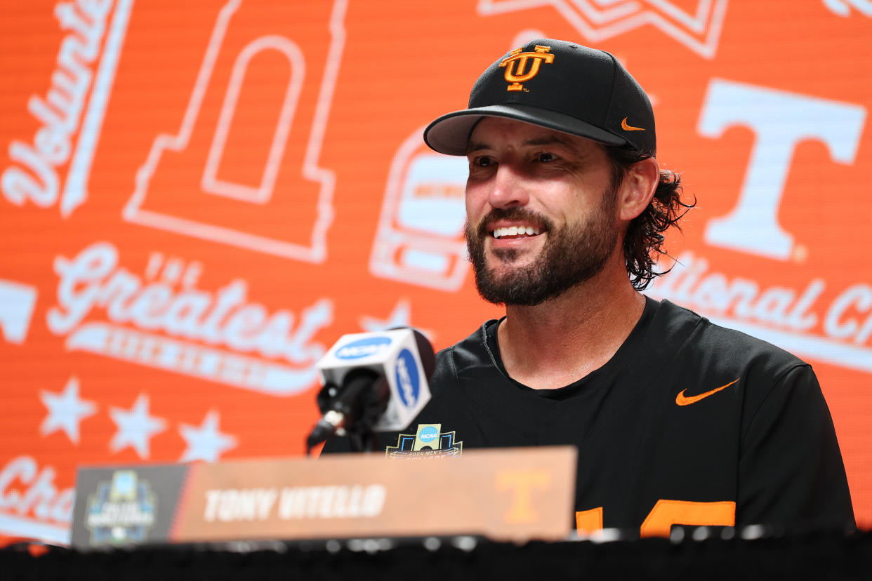 OMAHA, NEBRASKA - JUNE 24: Head coach Tony Vitello of the Tennessee Volunteers talks to the media after defeating the Texas A&M Aggies to win the Division I Men's Baseball Championship held at Charles Schwab Field on June 24, 2024 in Omaha, Nebraska.  (Photo by C. Morgan Engel/NCAA Photos via Getty Images)