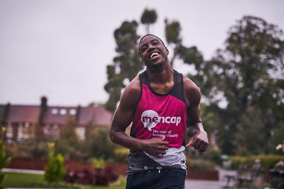 Aaron Plummer, 20, who has cerebral palsy and a learning disability, completed the race in Walthamstow, London, to raise money for Charity of the Year, Mencap, and "give back to the greatest charity ever" (Mencap/PA Wire).