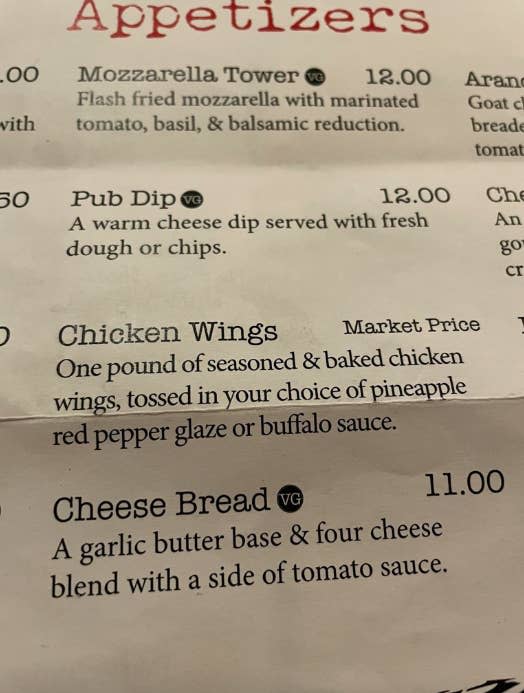 Menu with snacks with options: Mozzarella Tower (US$ 12), Pub Dip (US$ 12), Chicken Wings (market price) and Cheese Bread (US$ 11)