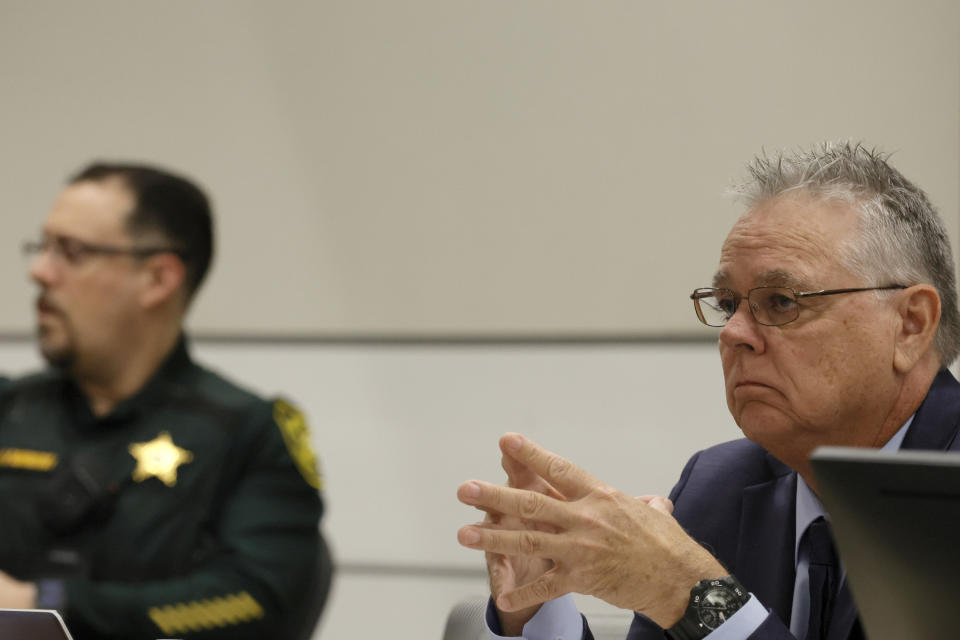 Former Marjory Stoneman Douglas High School School Resource Officer Scot Peterson is shown at the defense table during his trial at the Broward County Courthouse in Fort Lauderdale, Fla., on Wednesday, June 21, 2023. Broward County prosecutors charged Peterson, a former Broward Sheriff's Office deputy, with criminal charges for failing to enter the 1200 Building at the school and confront the shooter. (Amy Beth Bennett/South Florida Sun-Sentinel via AP, Pool)