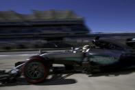 Formula One F1 - U.S. Grand Prix - Circuit of the Americas, Austin, Texas, U.S., 22/10/16. Mercedes' Lewis Hamilton of Britain leaves the garage area as he participates in the third practice session. REUTERS/Adrees Latif