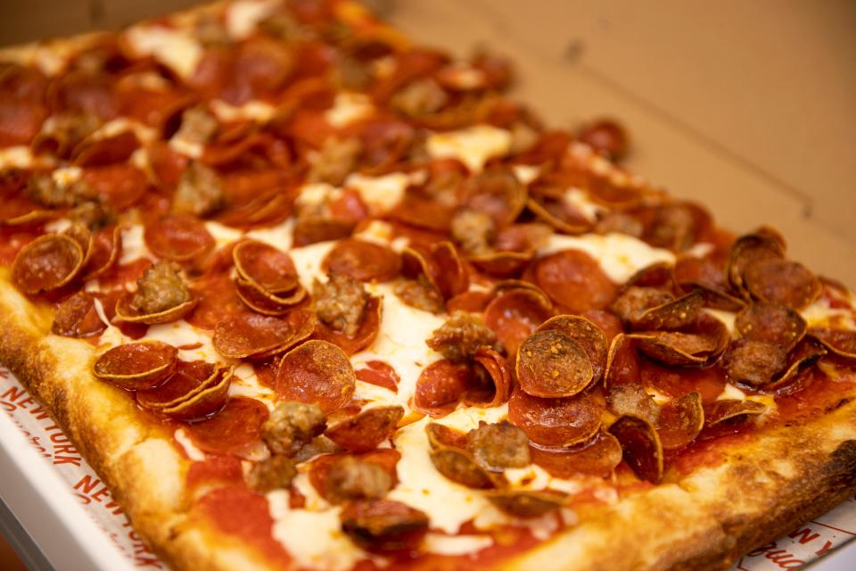 The pepperoni and sausage pizza at New York Squares at the 45th Parallel Brewing, Friday, July 7, 2023, in Independence, Ore.