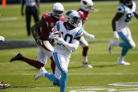 Carolina Panthers wide receiver Curtis Samuel runs against the Arizona Cardinals during the first half of an NFL football game Sunday, Oct. 4, 2020, in Charlotte, N.C. (AP Photo/Brian Blanco)