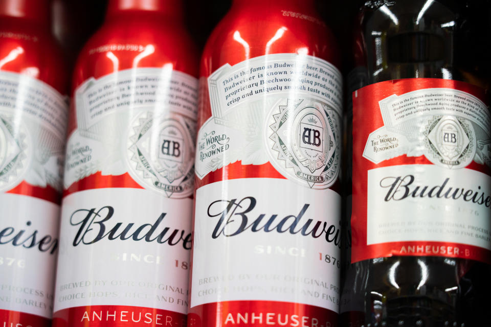 SHANGHAI, CHINA - 2019/07/27: Budweiser beer bottles displayed for sale in a Carrefour supermarket in Shanghai. (Photo by Alex Tai/SOPA Images/LightRocket via Getty Images)