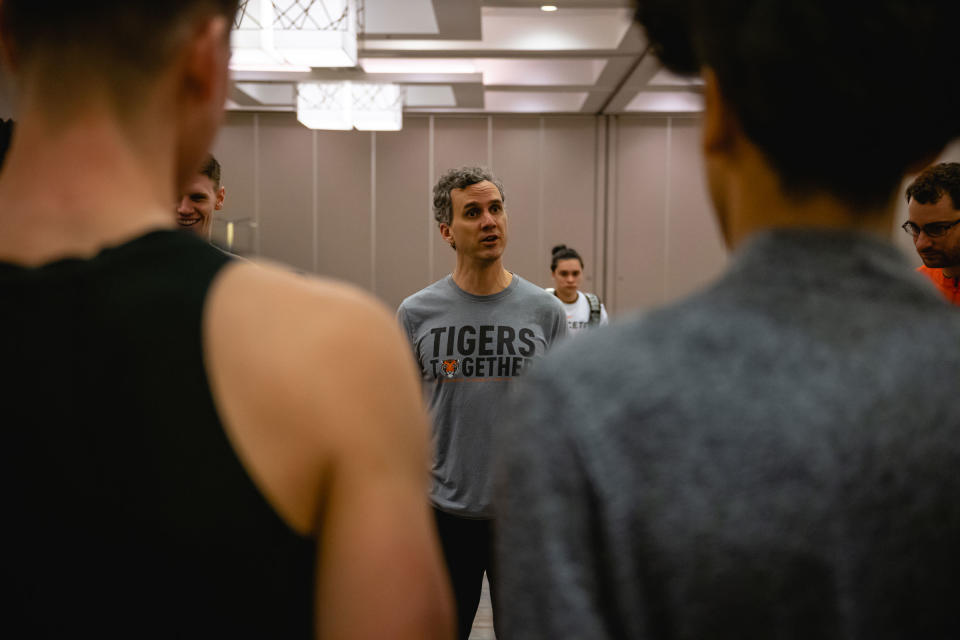 Coach Mitch Henderson speaks with the team during a practice session at the Hyatt Regency Hotel in Louisville, Ky., on March 23, 2023.<span class="copyright">Jon Cherry for TIME</span>