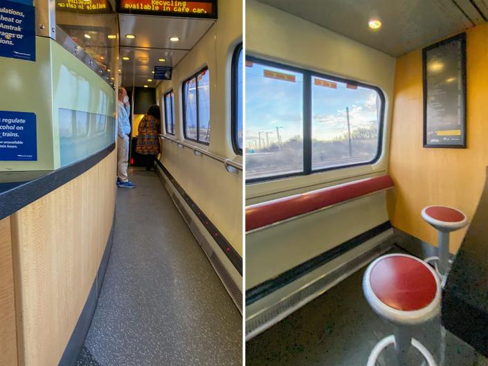 Two views of an Amtrak Acela cafe car