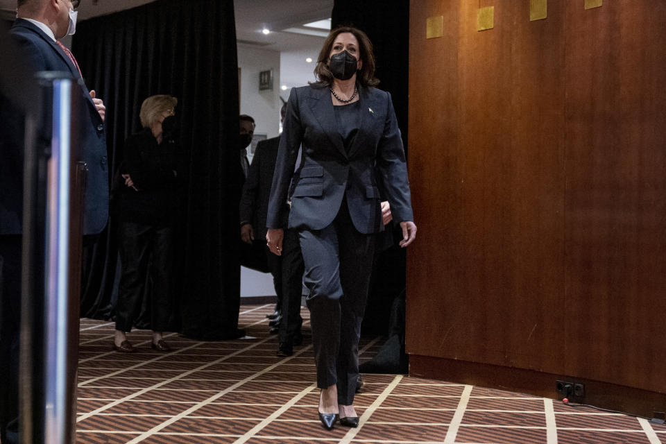 Vice President Kamala Harris arrives to speak to members of the media at her hotel after attending the Munich Security Conference, Sunday, Feb. 20, 2022, in Munich. (AP Photo/Andrew Harnik, Pool)