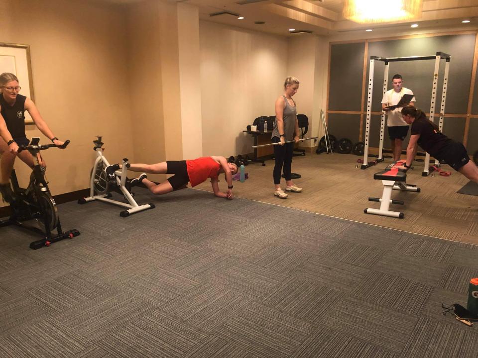 The makeshift gym in the Australian softball team's hotel in Ota, Japan.<span class="copyright">Softball Australia</span>