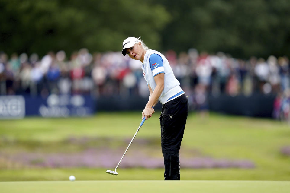 Britain's Charley Hull on the 5th green during day three of the 2023 AIG Women's Open at Walton Heath, Surrey, England, Saturday, Aug. 12, 2023. (John Walton/PA via AP)