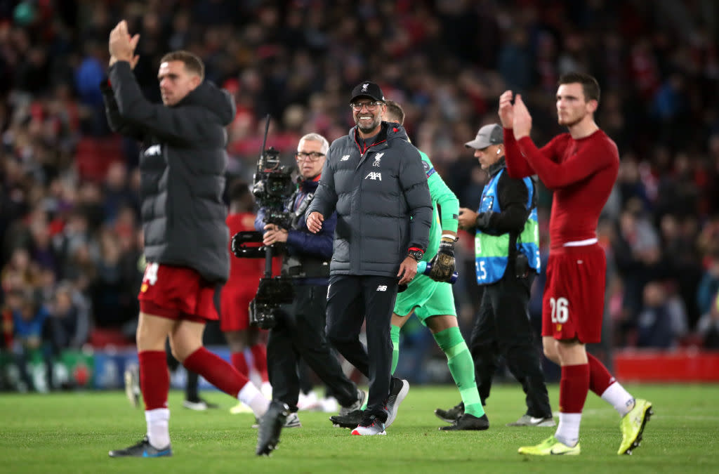 Jurgen Klopp and Liverpool players at full time. (Photo by Nick Potts/PA Images via Getty Images)