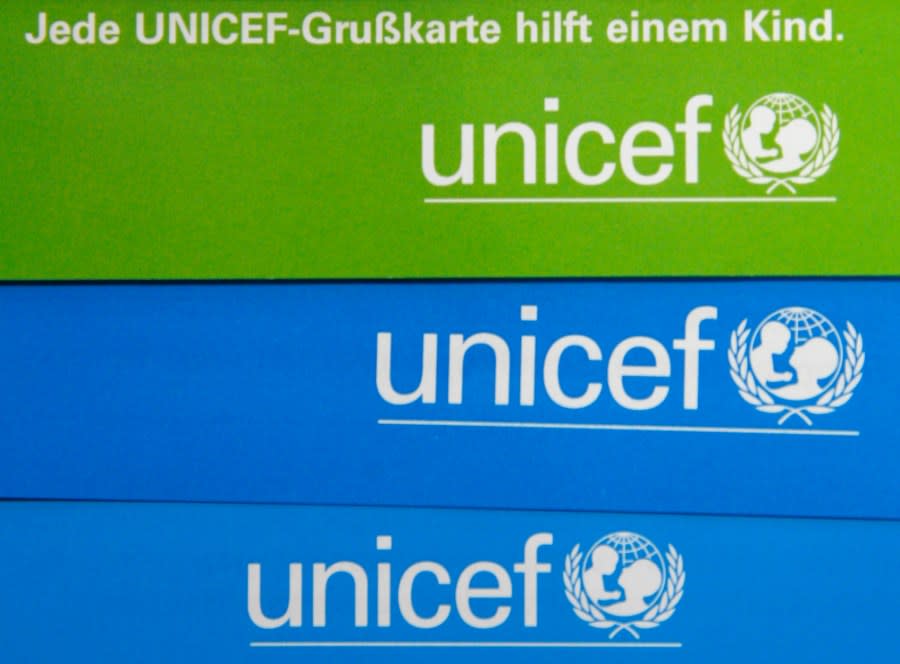 The UNICEF logo is seen in the German headquarter in Cologne, Germany, on Tuesday, Feb. 5, 2008. (AP Photo/Hermann J. Knippertz)