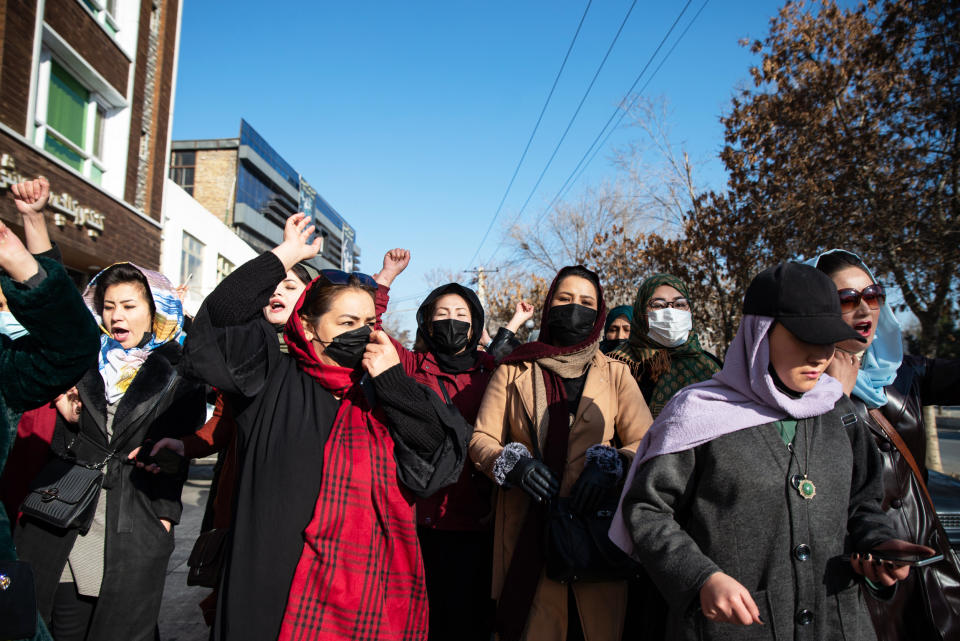 Afghan women protest against a new Taliban ban on women accessing university education (Getty Images)