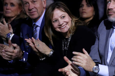 General Motors CEO Mary Barra applauds some of her company managers as they are introduced at a Chevrolet truck unveiling at the North American International Auto Show in Detroit, Michigan, U.S. January 13, 2018. REUTERS/Jonathan Ernst