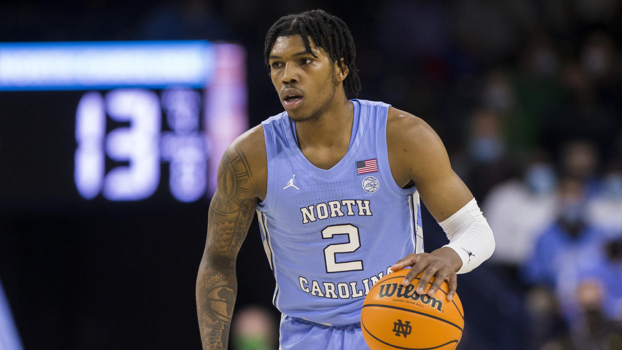 North Carolina's Caleb Love (2) during an NCAA college basketball game against Notre Dame on Wednesday, Jan. 5, 2022, in South Bend, Ind. (AP Photo/Robert Franklin)