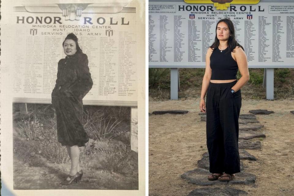 In this combination of photos, Rose Kokubu Fujisaki, grandmother of Tessa Fujisaki, is photographed in front of the Honor Roll at Minidoka in 1943 and Tessa Fujisaki poses at the same location in July. AP