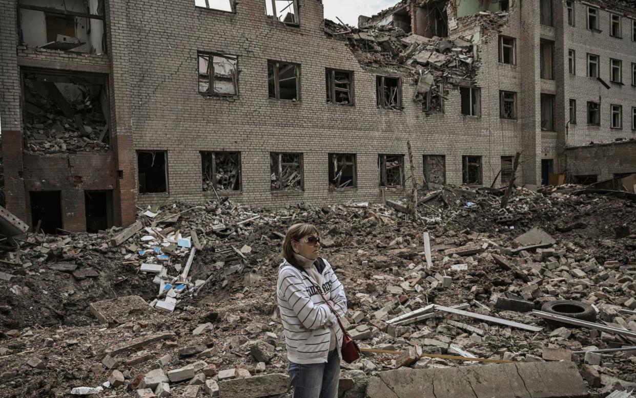 Russia has continued to pound the Donbas region with bombs. Pictured is a destroyed building in the city of Bakhmut - Aris Messinis/AFP via Getty Images