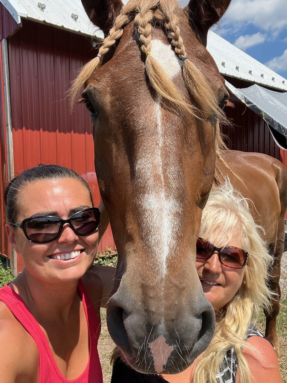 Connie Greenawalt and Angela Higinbotham pose for a photo with a dolled-up Big John at Central Pa. Horse Rescue. The 1,800-pound draft horse died last summer.