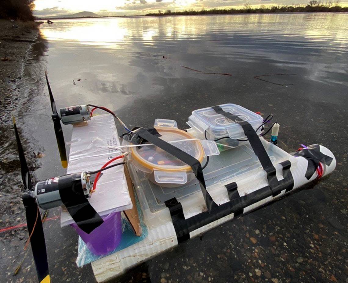 Hanford High student Prayrona Choudhury marine-biology invention named AquaTranslate, a device that uses a rover to quickly sample and analyze water, is ready for a rest run on the Columbia River.