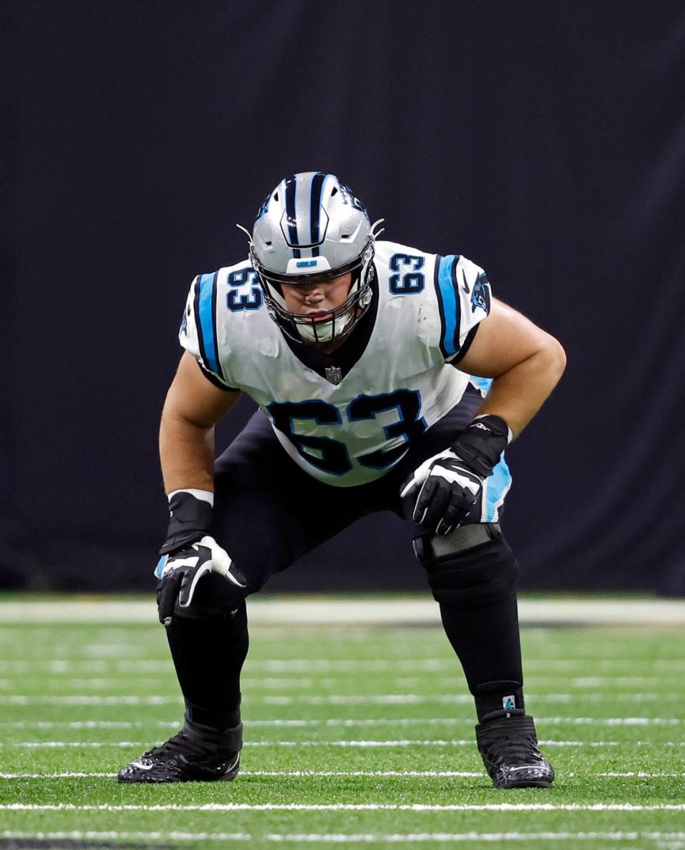 Carolina Panthers guard Austin Corbett (63) during an NFL football game against the New Orleans Saints, Sunday, Jan. 8, 2023, in New Orleans. (AP Photo/Tyler Kaufman)